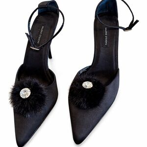 Valerie Stevens Black Satin Mink Pom Rhinestone Pointed Toe Ankle Strap Heels